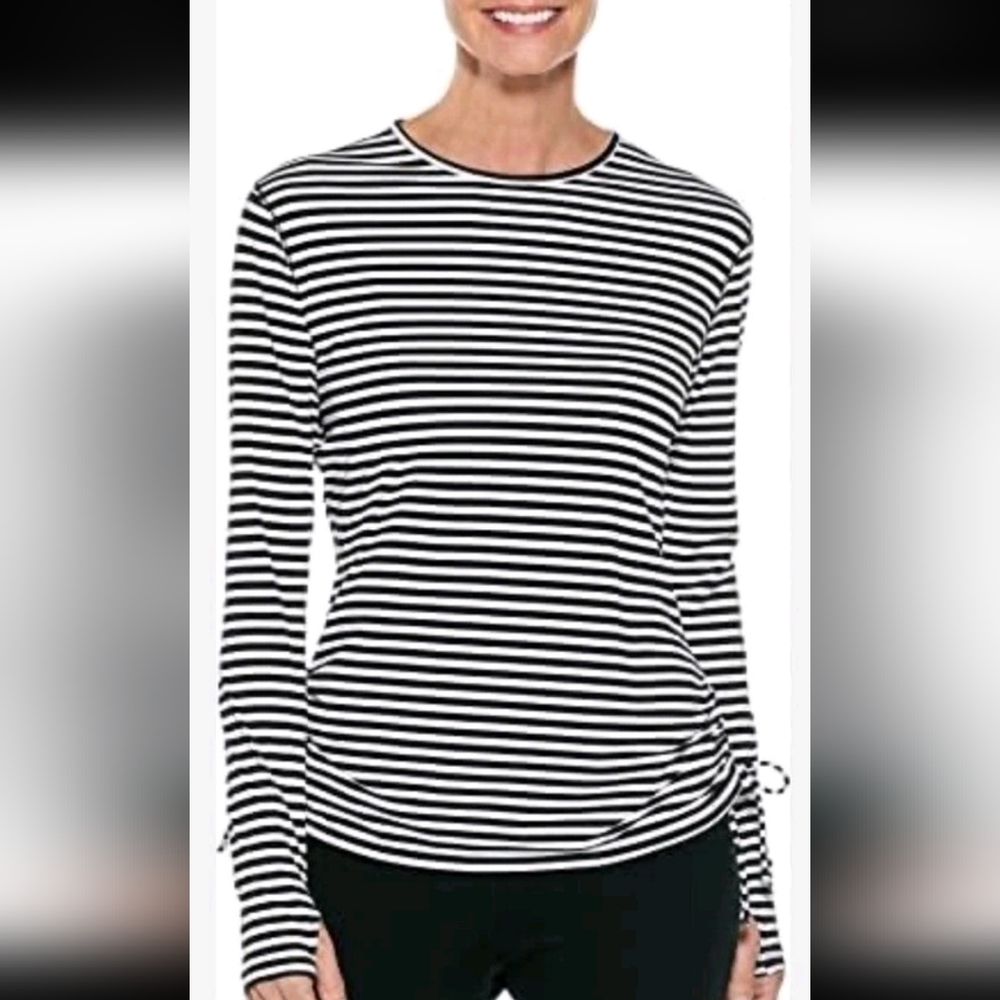 Coolibar Baikal Striped Swim Top Rash Guard UV Protection UPF 50+ Thumb Holes L